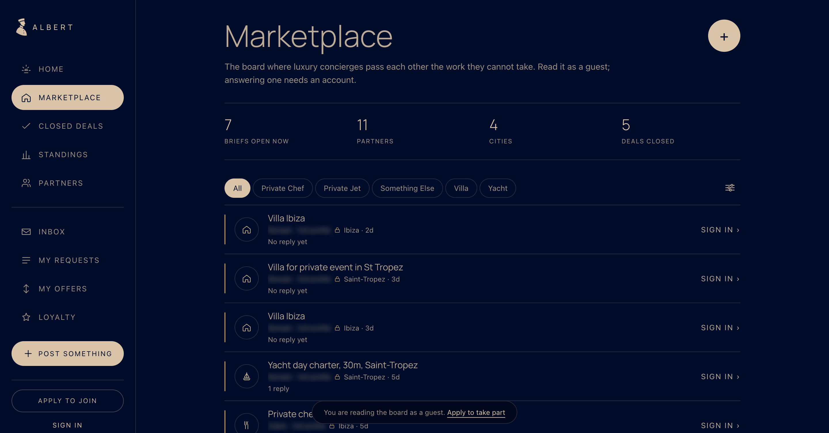 The Albert marketplace board, showing open briefs by city